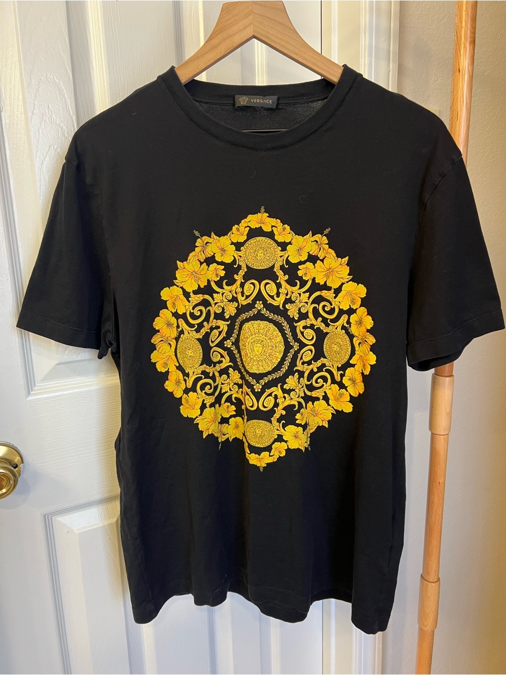 Versace Black T-Shirt with Yellow Baroque Medallion